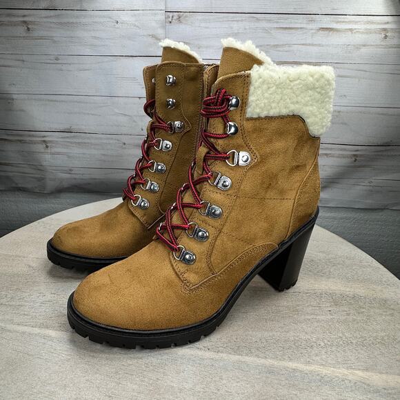 Nine West Peer Womens Sherpa Cuff Ankle Boot Size 8 Dark Natural Brown Heel Boot - Picture 2 of 13